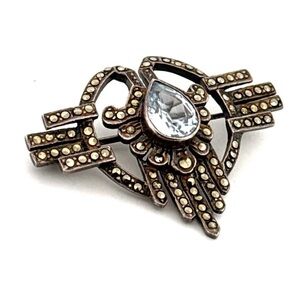 925 Sterling silver and aquamarine marcasite vintage pin brooch